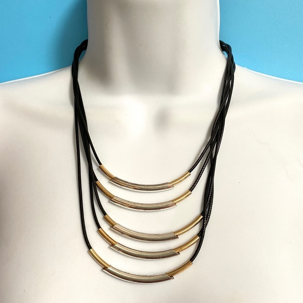 Multi-Cord Barrel Bead Black Gold Silver Necklace